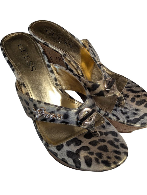 GUESS Leopard Print Wedge Sandals — Rhinestone Logo