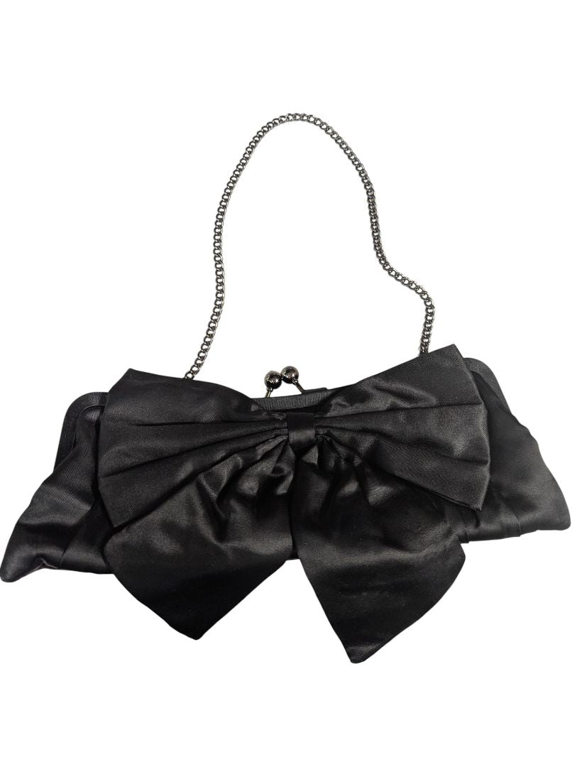 Black Satin Evening Clutch with Oversized Bow