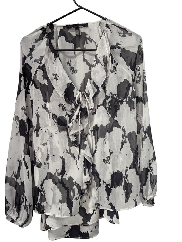 White House Black Market Black-White Abstract Sheer Blouse / Tunic