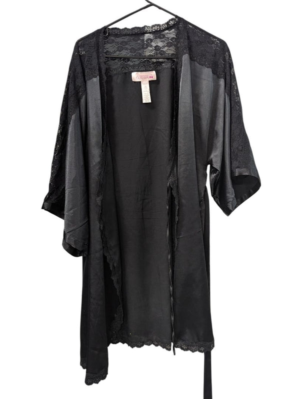 La Vie en Rose Black Satin Lace Robe