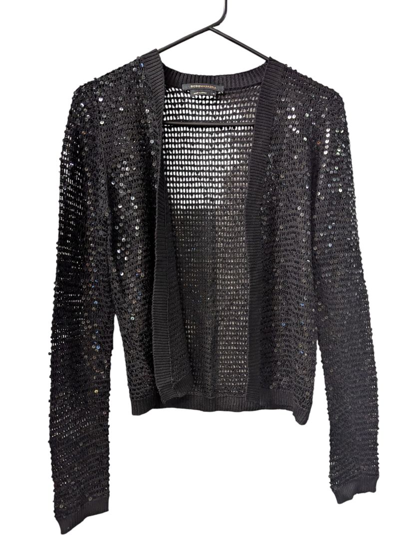 BCBG Max Azria Black Open-Knit Sequin Cardigan (Size M)
