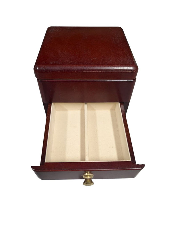 Mahogany-Finish Wooden Jewelry Box with Mirror and Drawer