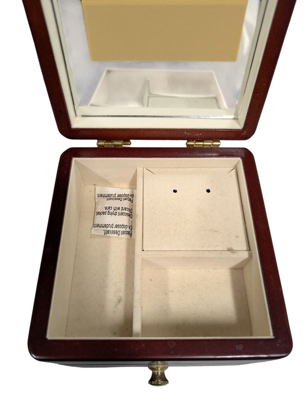 Mahogany-Finish Wooden Jewelry Box with Mirror and Drawer