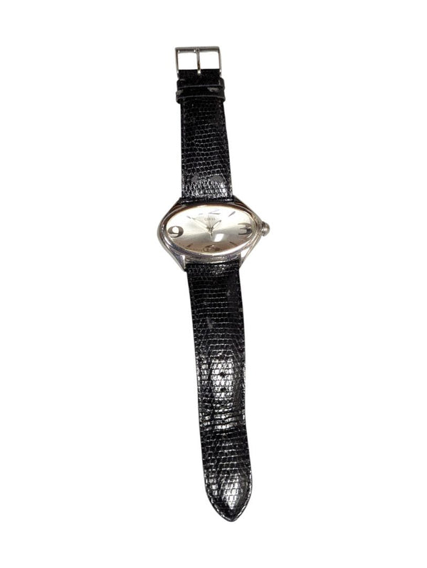 Guess Silver Oval Watch with Black Lizard-Pattern Leather Strap
