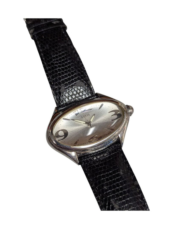 Guess Silver Oval Watch with Black Lizard-Pattern Leather Strap