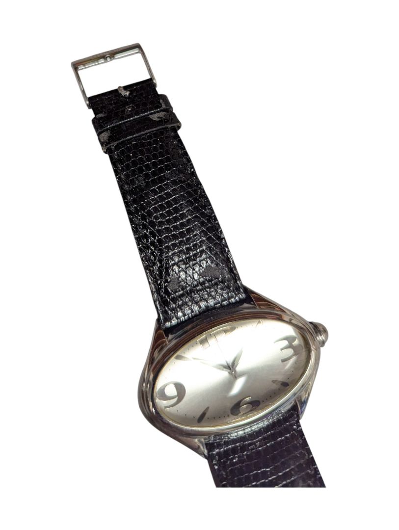 Guess Silver Oval Watch with Black Lizard-Pattern Leather Strap