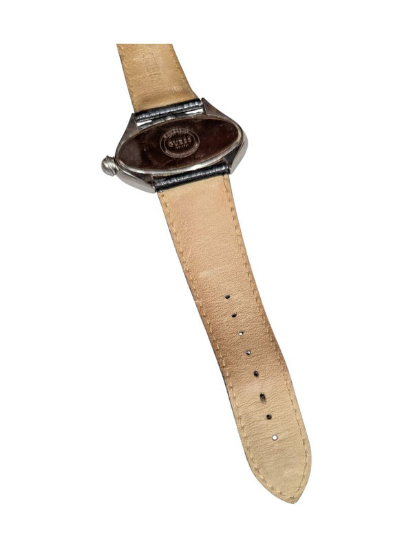 Guess Silver Oval Watch with Black Lizard-Pattern Leather Strap