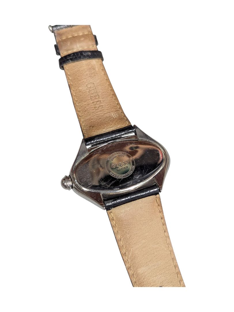 Guess Silver Oval Watch with Black Lizard-Pattern Leather Strap