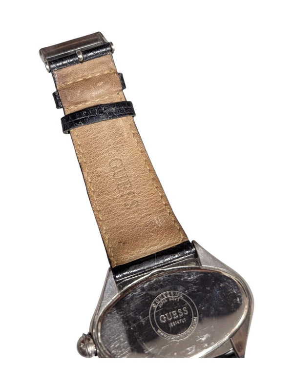 Guess Silver Oval Watch with Black Lizard-Pattern Leather Strap