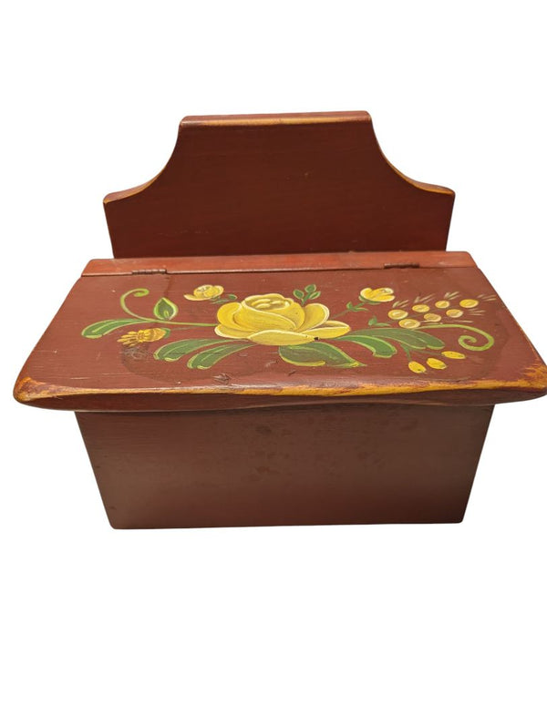 Vintage Hand-Painted Wooden Wall Salt Box – Yellow Floral Motif