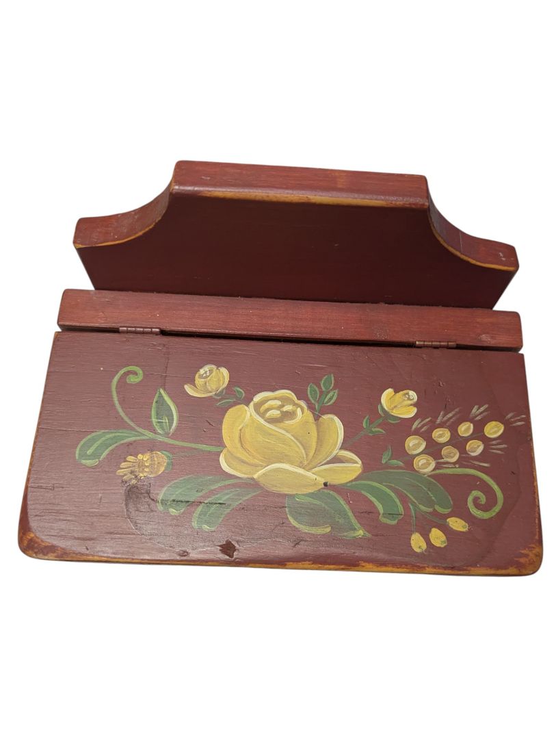 Vintage Hand-Painted Wooden Wall Salt Box – Yellow Floral Motif