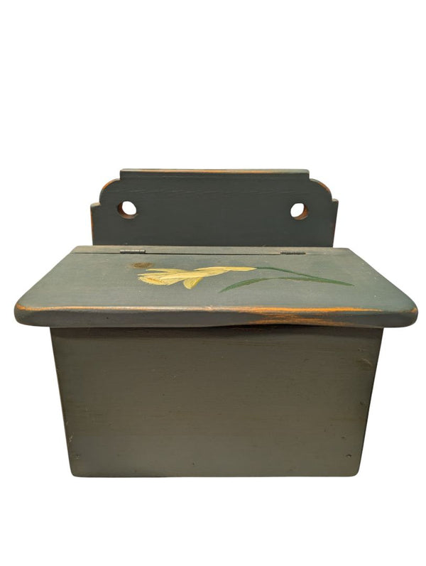 Vintage Hand-Painted Wooden Wall Salt Box – Yellow Floral Motif