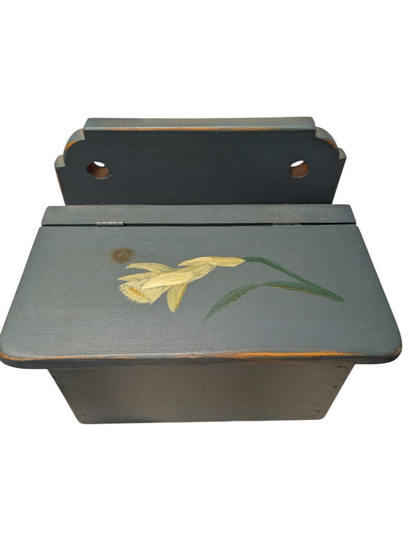 Vintage Hand-Painted Wooden Wall Salt Box – Yellow Floral Motif