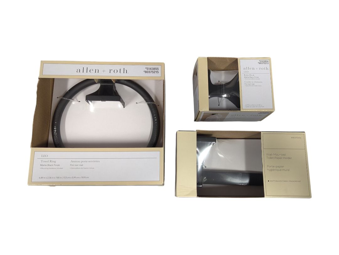 Allen + Roth “Leo” Bathroom Hardware Set – Matte Black (3 Pieces, New in Box)