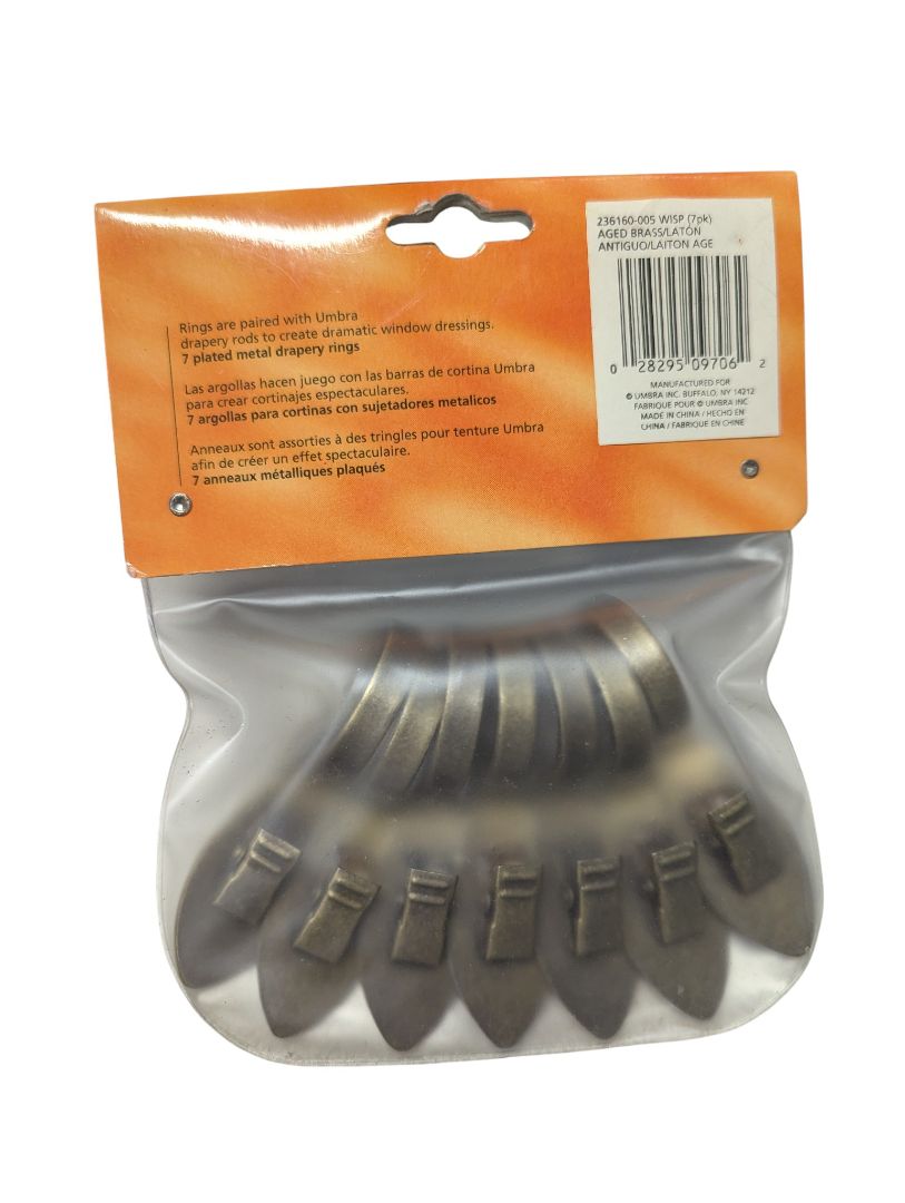 Umbra “Wisp” Drapery Clip Rings – Set of 7 (Aged Brass Finish)