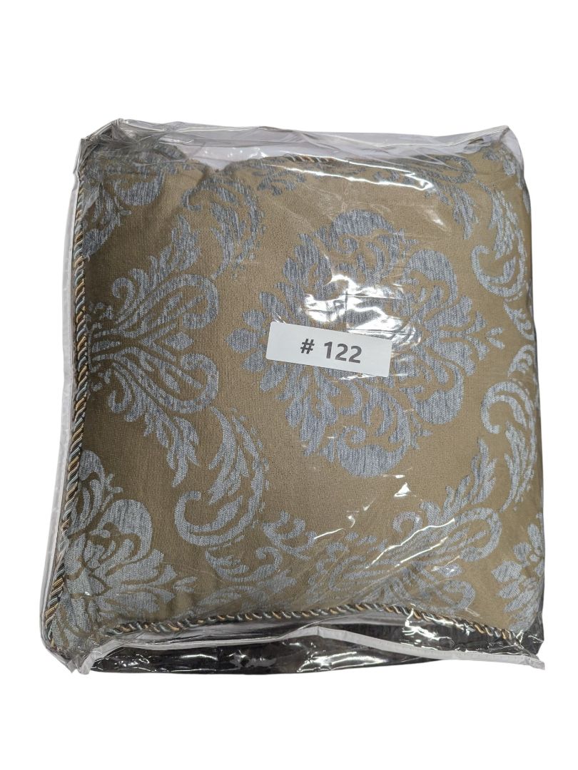 Decorative Cushion Pair – Taupe & Silver Damask with Rope Trim