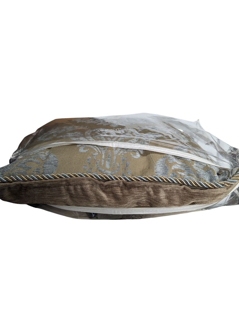 Decorative Cushion Pair – Taupe & Silver Damask with Rope Trim