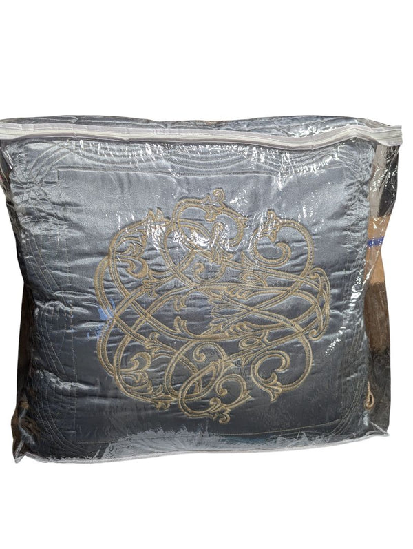 Embroidered Satin Bedding Set – Silver & Champagne Quilted Ensemble