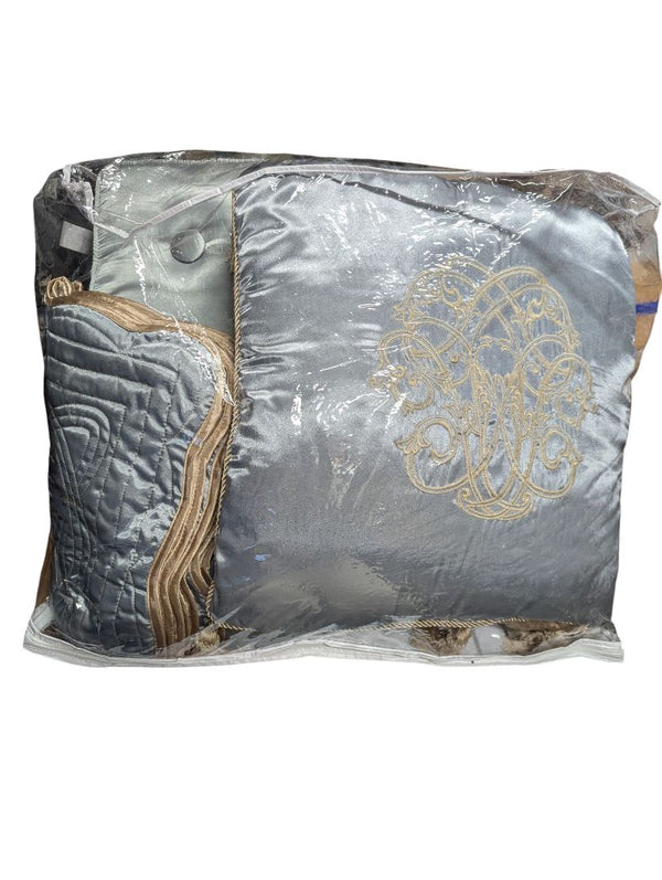 Luxury Embroidered Bedding Ensemble – Silver & Champagne with Tassel Detail