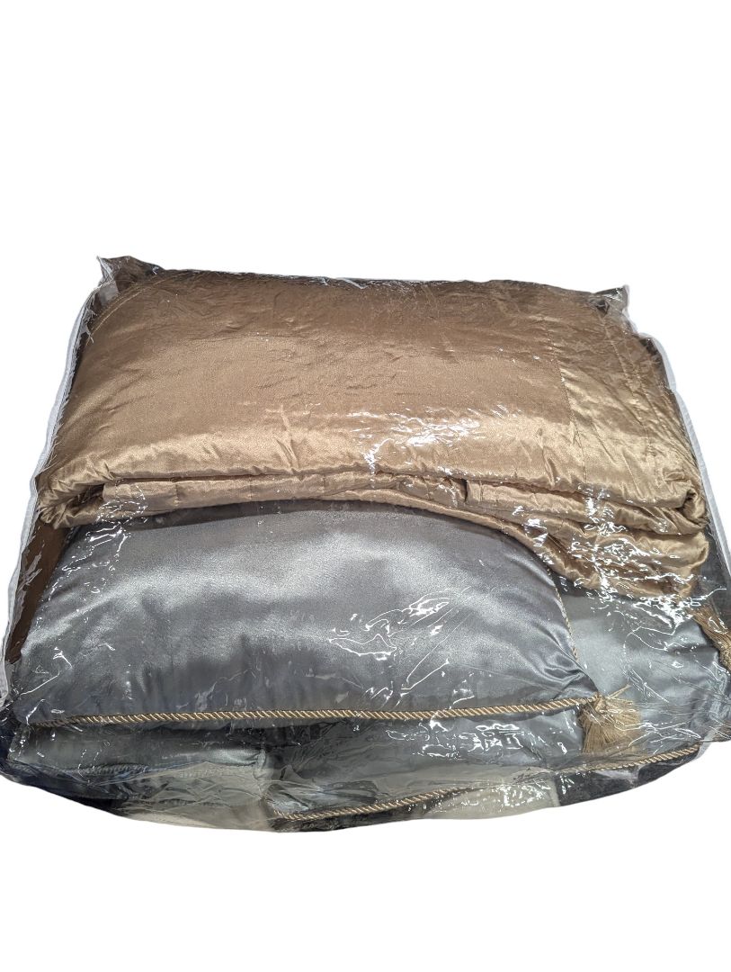 Luxury Embroidered Bedding Ensemble – Silver & Champagne with Tassel Detail