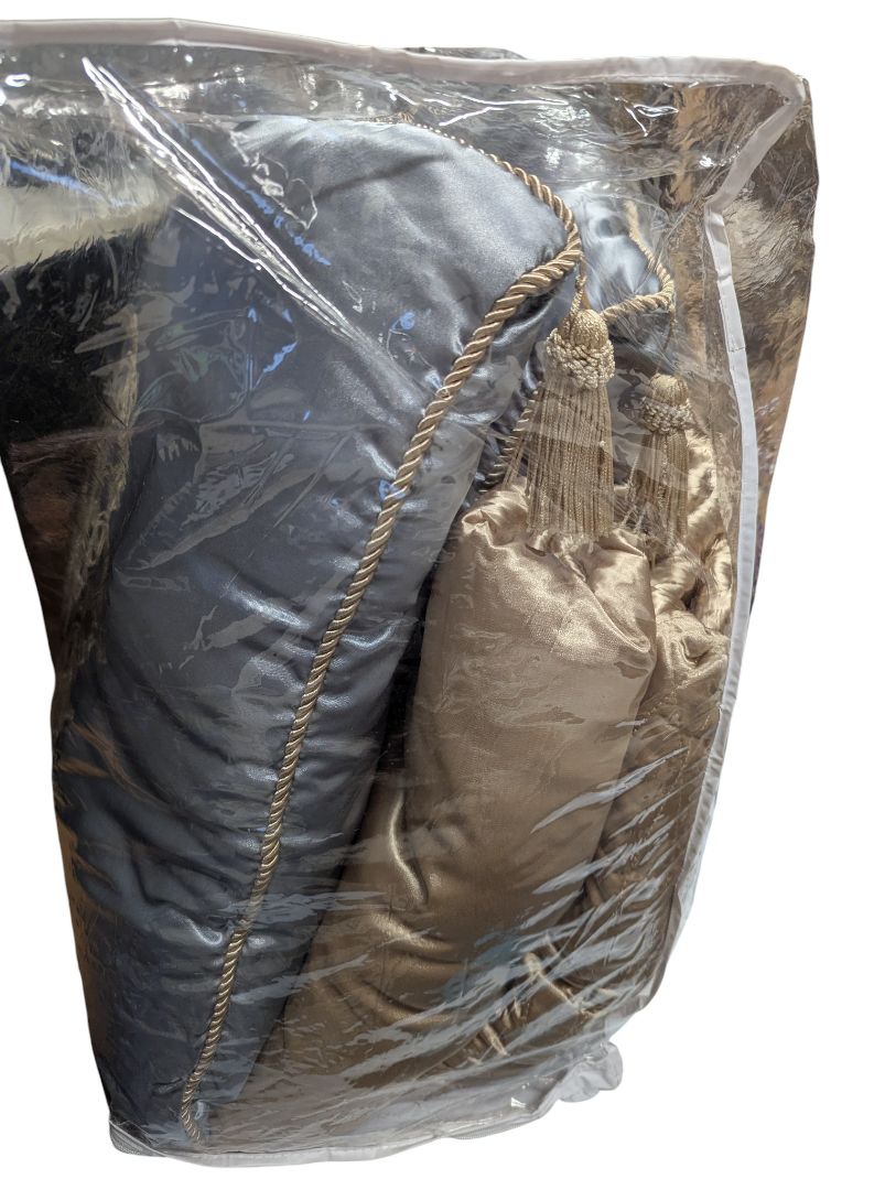 Luxury Embroidered Bedding Ensemble – Silver & Champagne with Tassel Detail