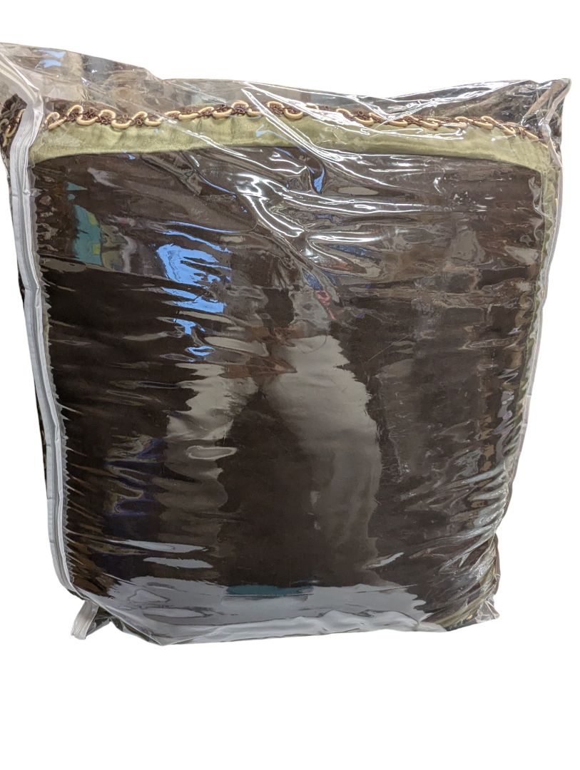 Velvet & Satin Decorative Pillow Pair – Espresso and Olive with Trim Detail