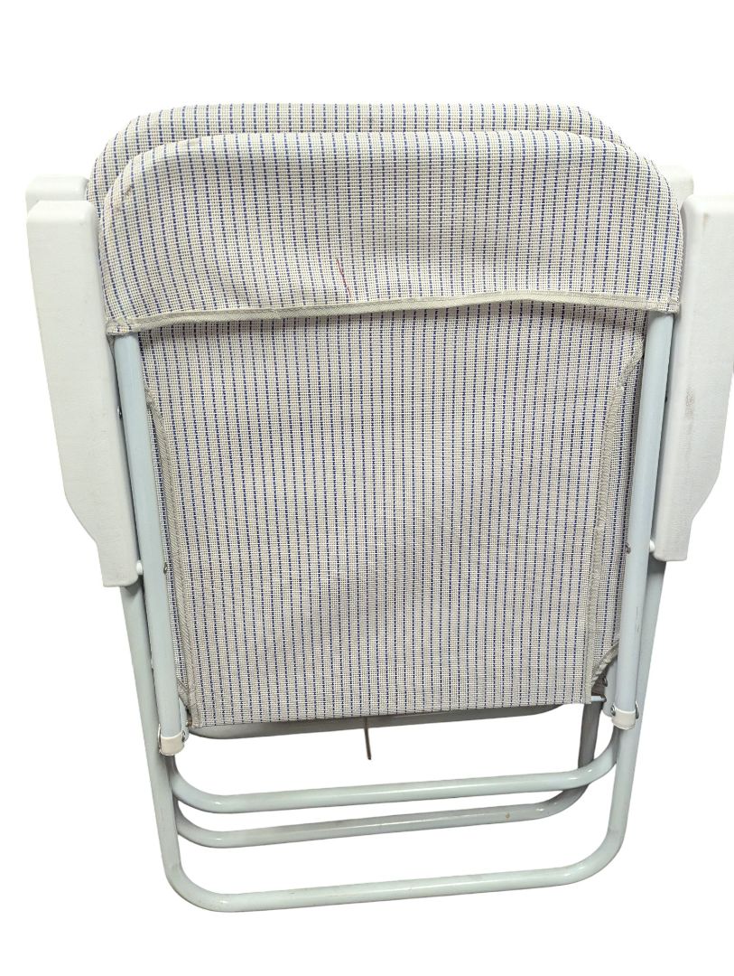 Pair of Vintage Folding Patio Chairs – Blue Pinstripe Fabric with White Frames