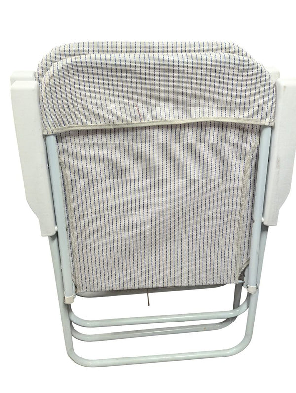 Pair of Vintage Folding Patio Chairs – Blue Pinstripe Fabric with White Frames