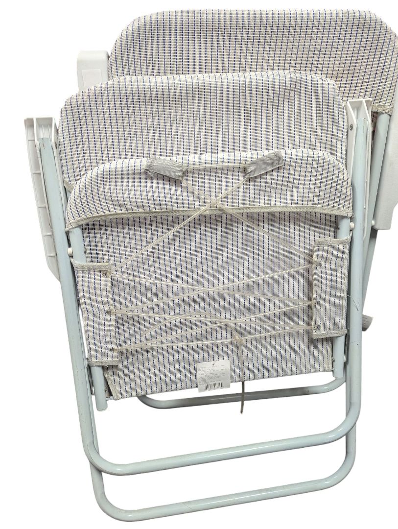 Pair of Vintage Folding Patio Chairs – Blue Pinstripe Fabric with White Frames