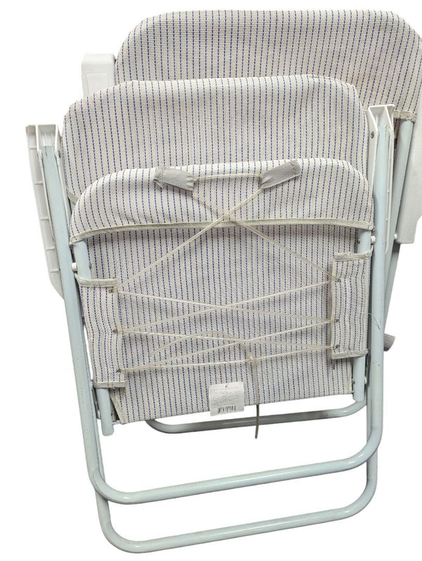 Pair of Vintage Folding Patio Chairs – Blue Pinstripe Fabric with White Frames