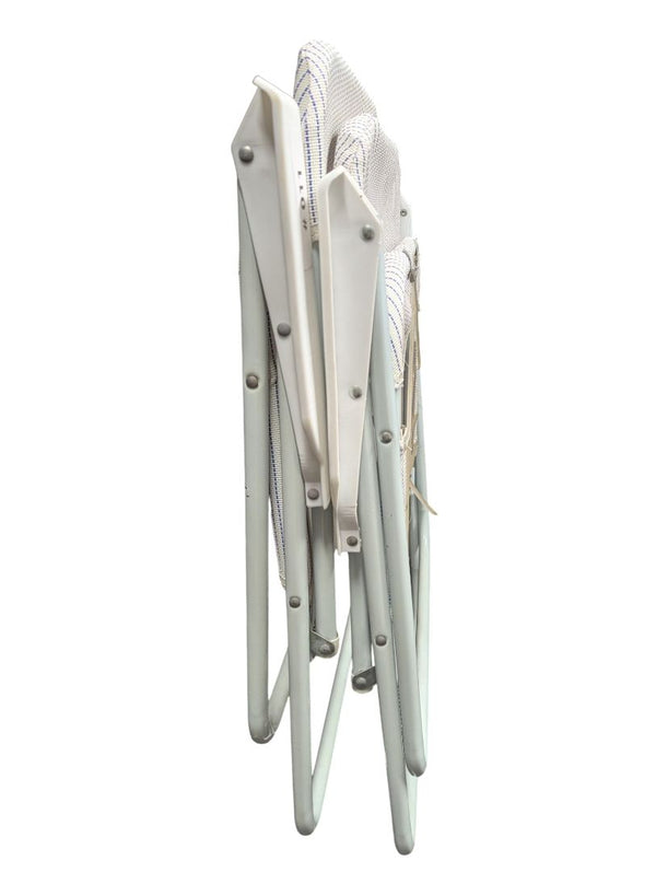 Pair of Vintage Folding Patio Chairs – Blue Pinstripe Fabric with White Frames