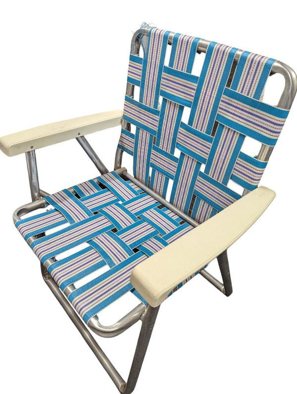 Vintage Woven Aluminum Folding Lawn Chair – Blue & White Webbing