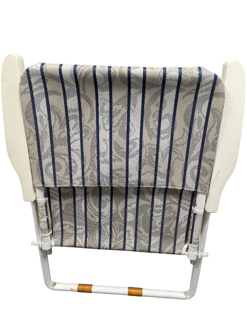 Vintage Folding Lawn Chair – Blue Striped Fabric with White Frame