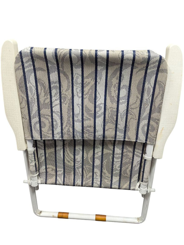 Vintage Folding Lawn Chair – Blue Striped Fabric with White Frame