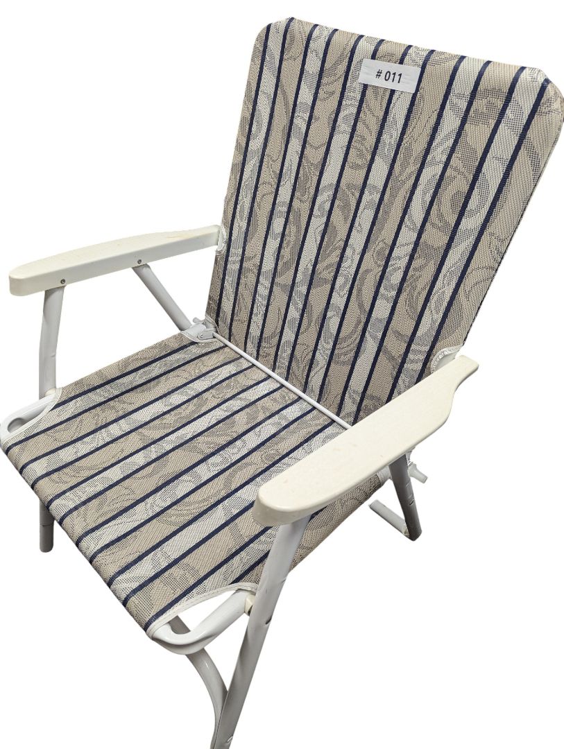 Vintage Folding Lawn Chair – Blue Striped Fabric with White Frame