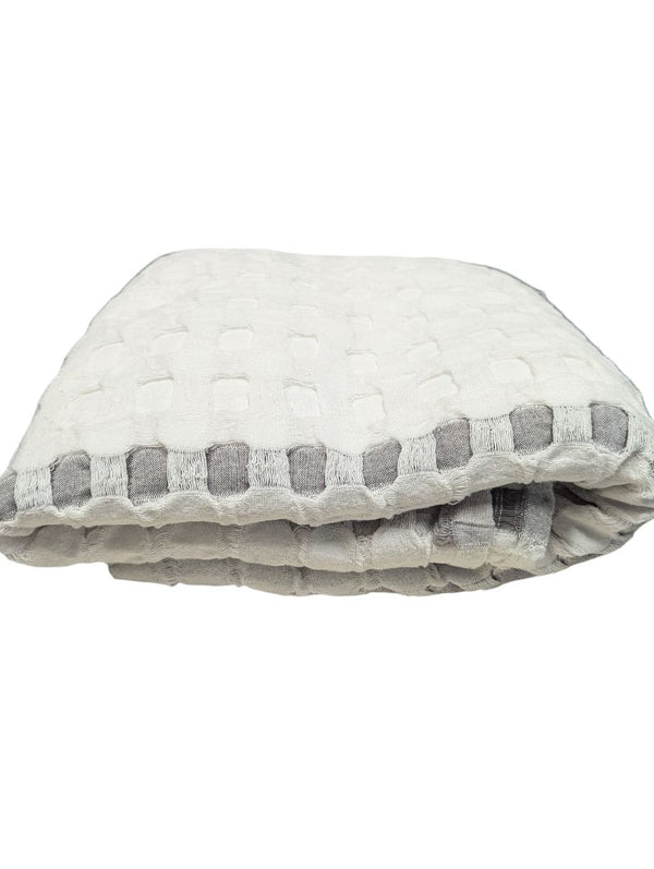 White Textured Check Throw Blanket with Grey Trim – Soft Contemporary Style