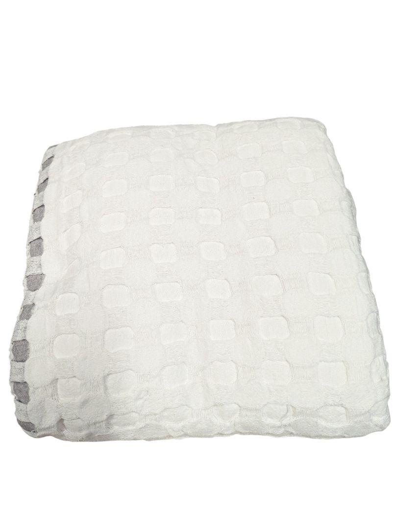 White Textured Check Throw Blanket with Grey Trim – Soft Contemporary Style