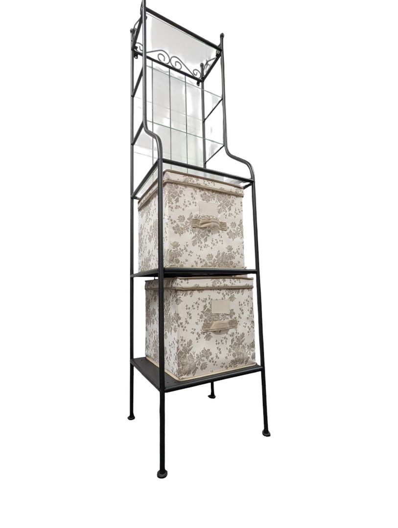 Wrought Iron & Glass Shelf Unit with Fabric Storage Bins
