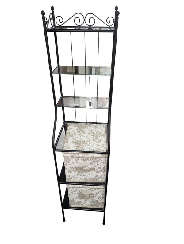 Wrought Iron & Glass Shelf Unit with Fabric Storage Bins