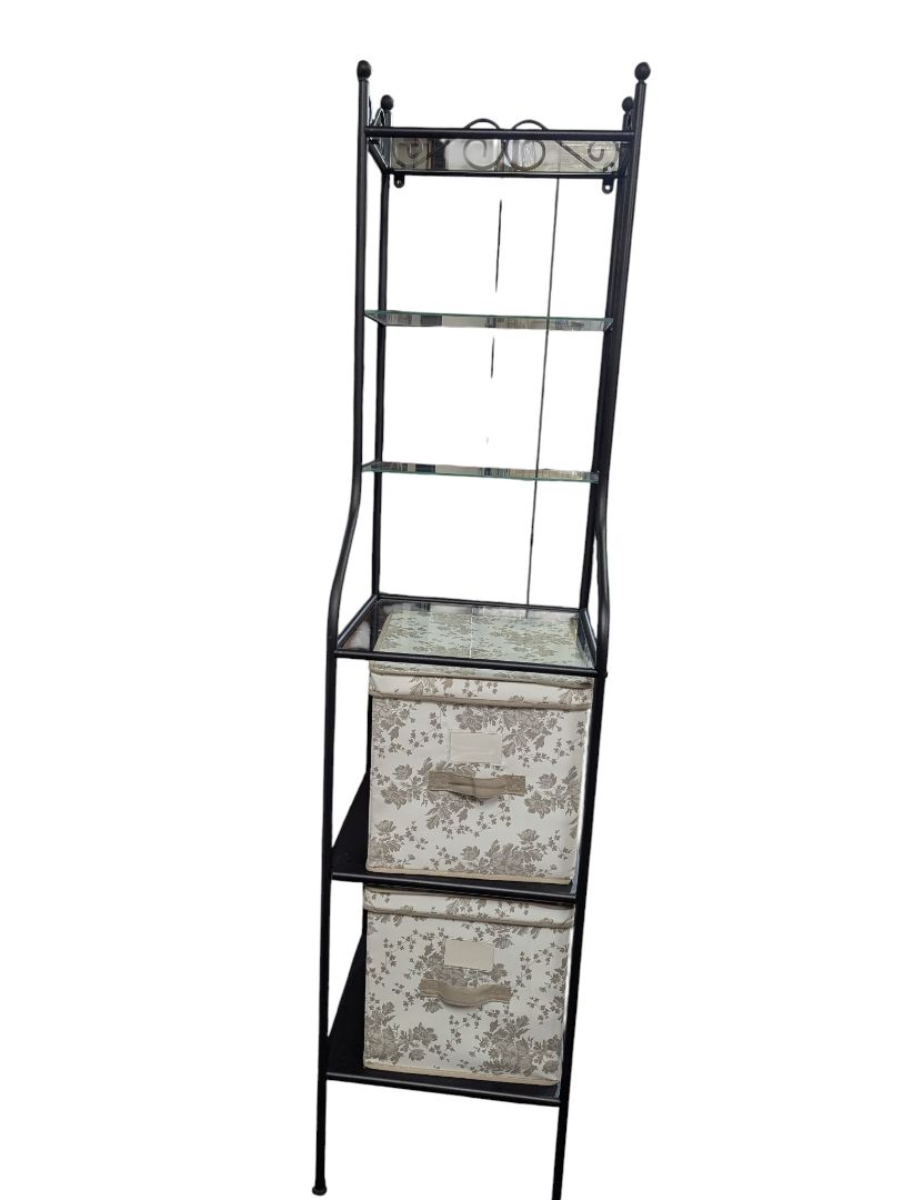 Wrought Iron & Glass Shelf Unit with Fabric Storage Bins