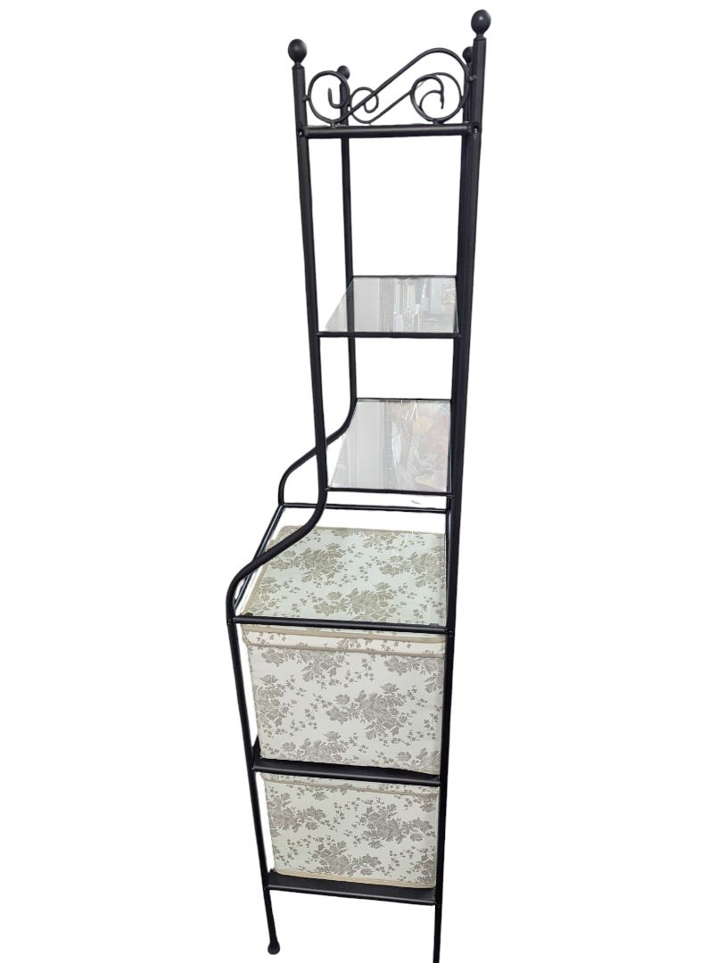 Wrought Iron & Glass Shelf Unit with Fabric Storage Bins