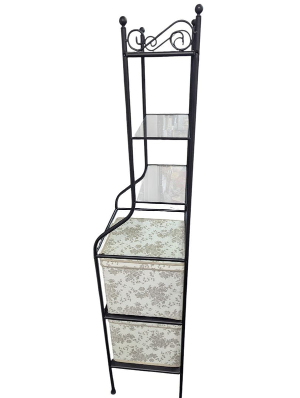 Wrought Iron & Glass Shelf Unit with Fabric Storage Bins