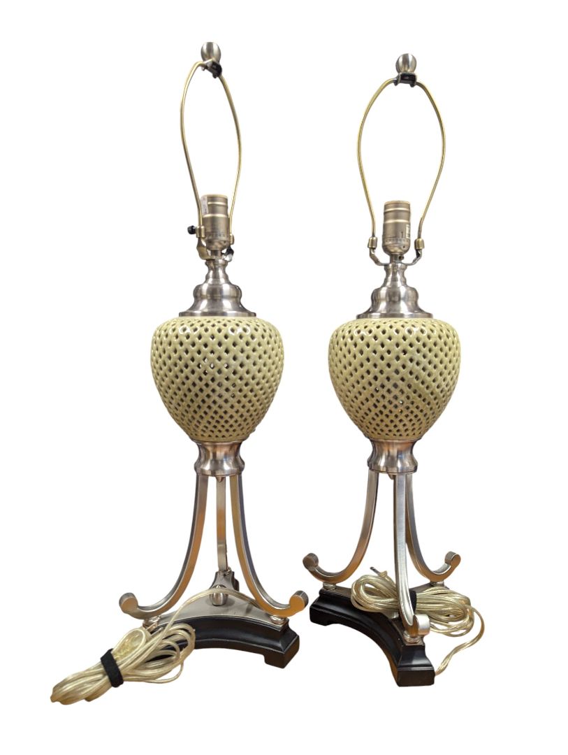 Pair of Perforated Metal Table Lamps with Fabric Shades