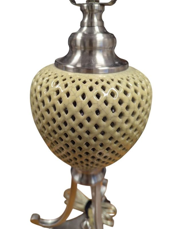 Pair of Perforated Metal Table Lamps with Fabric Shades