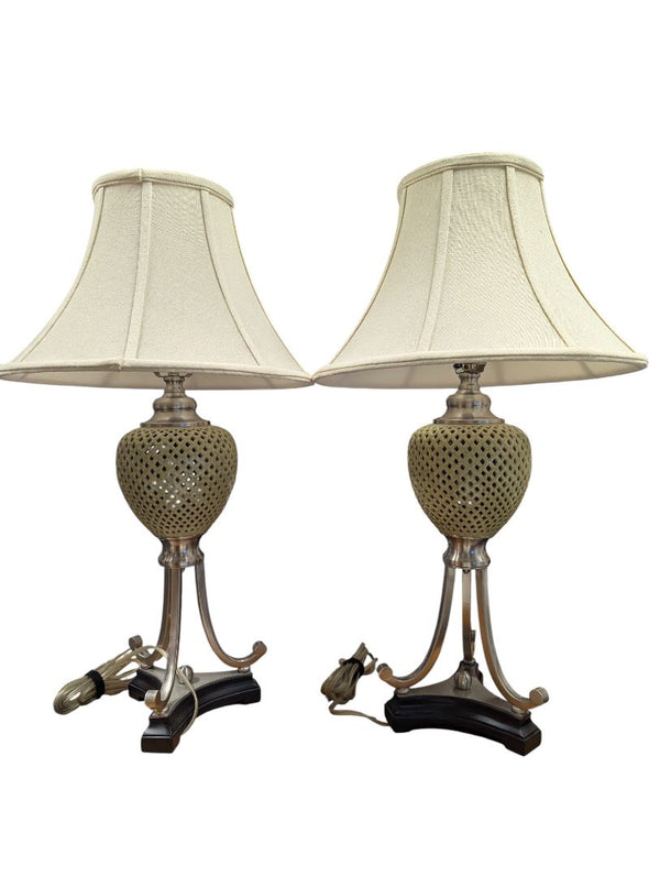 Pair of Perforated Metal Table Lamps with Fabric Shades