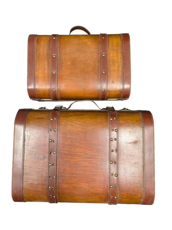 Set of Two Wooden & Leather Vintage-Style Suitcases