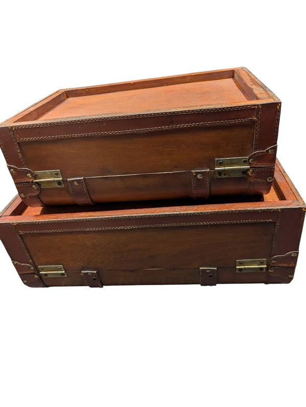 Set of Two Wooden & Leather Vintage-Style Suitcases