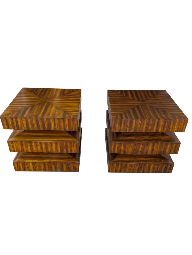 Pair of Contemporary Stacked zebra Wood Veneer Side Tables
