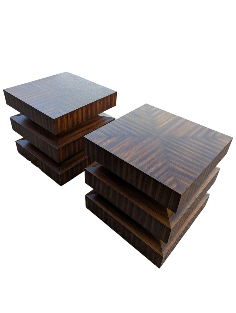 Pair of Contemporary Stacked zebra Wood Veneer Side Tables
