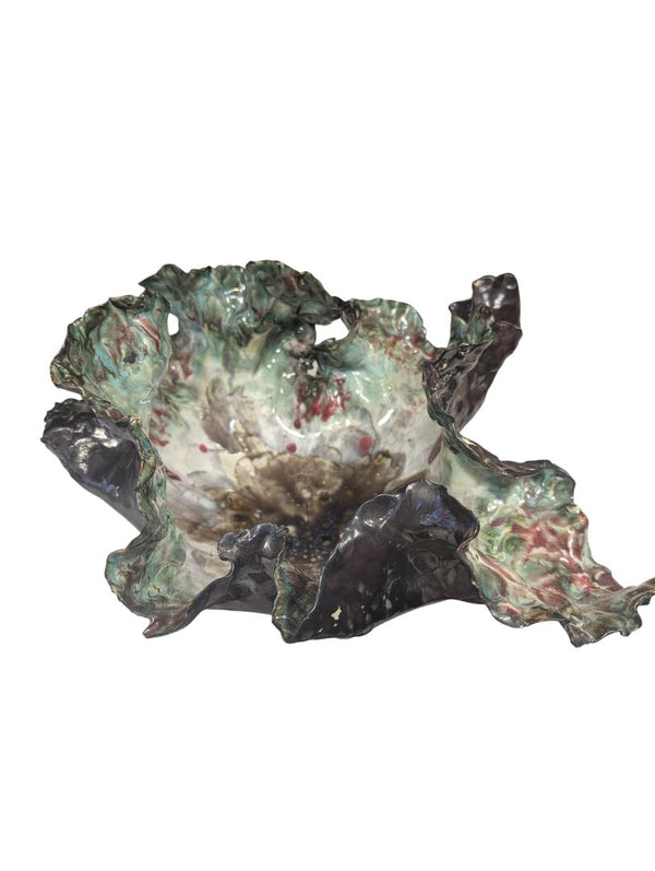 Alex Yeung Signed Studio Ceramic Ruffled Edge Sculpture Bowl